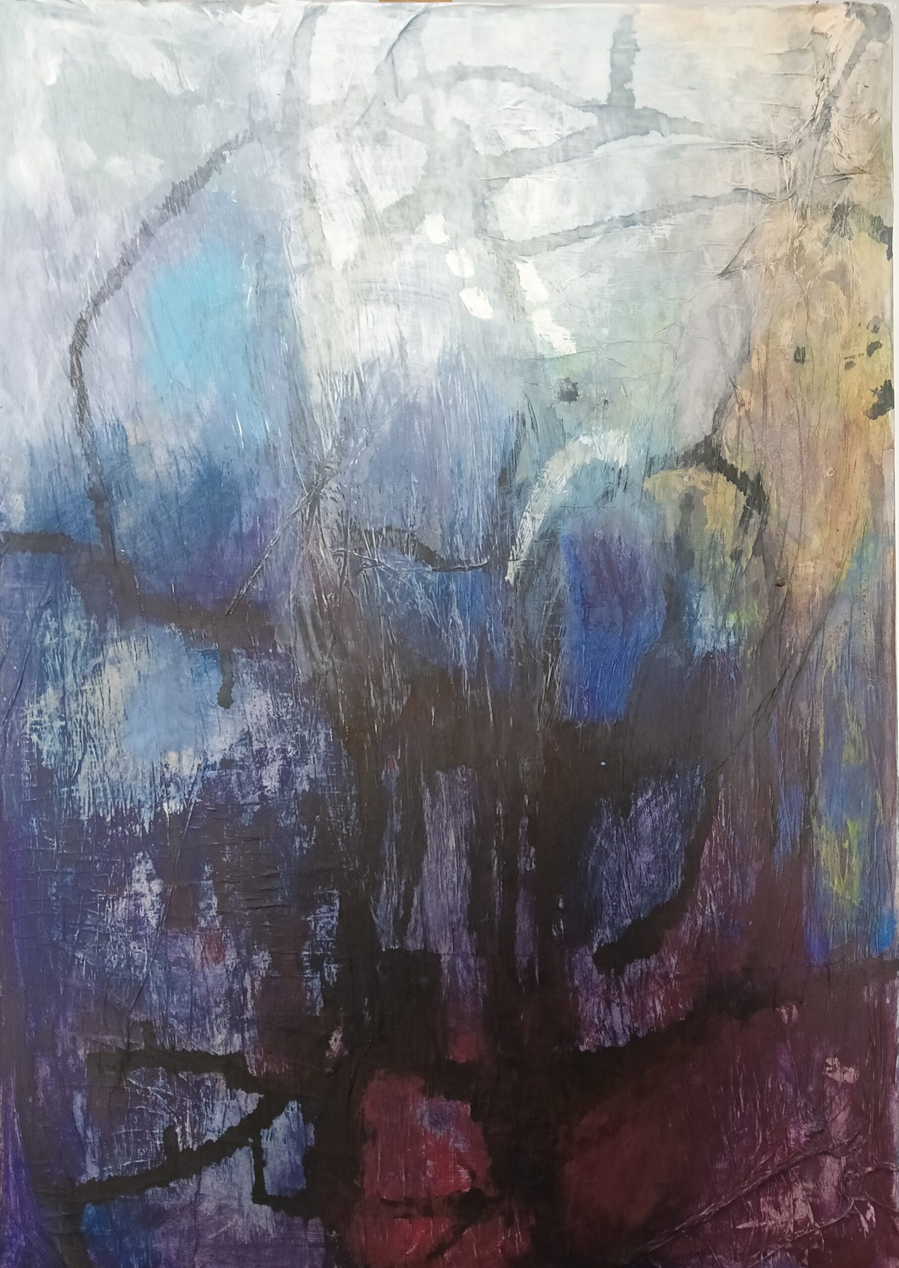 The three from background cm 70×100, acrylic, ink  and light paper on canvas – 2023