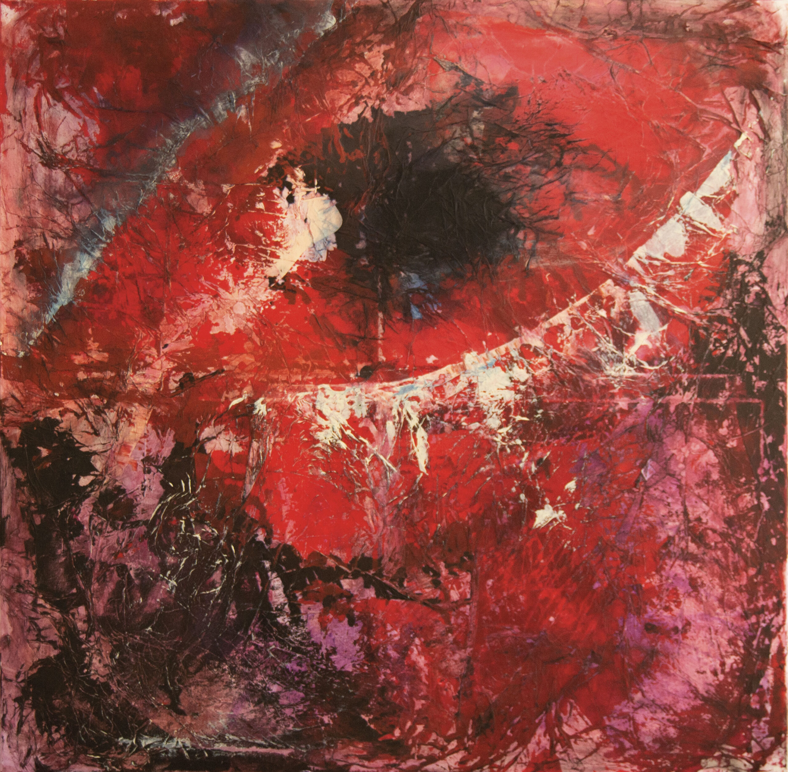 Devil’s eye cm 100×100, acrylic, ink  and light paper on canvas – 2023