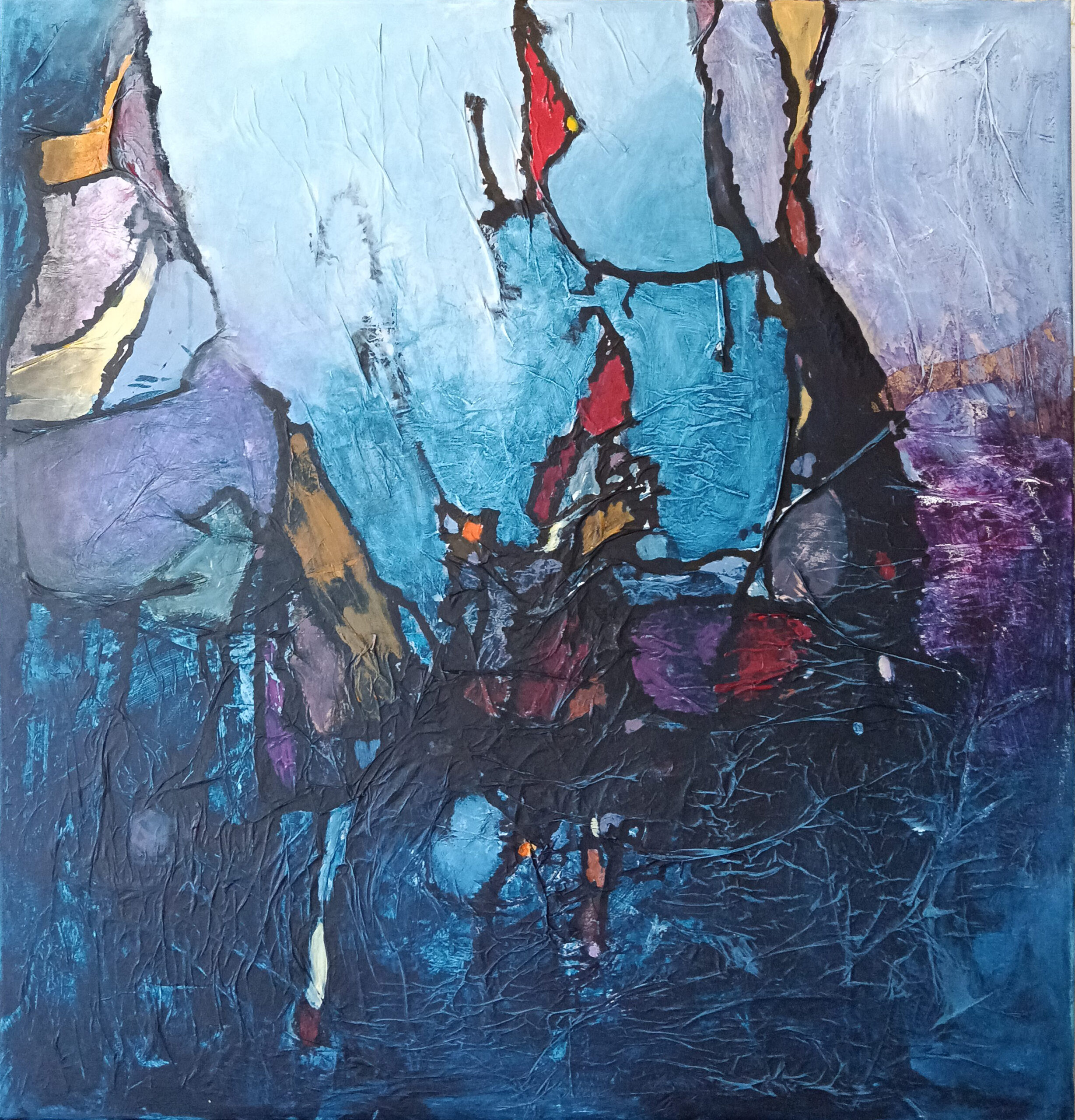 The lost sign, 2026, cm 100×100, mix on canvas. Proprietà privata